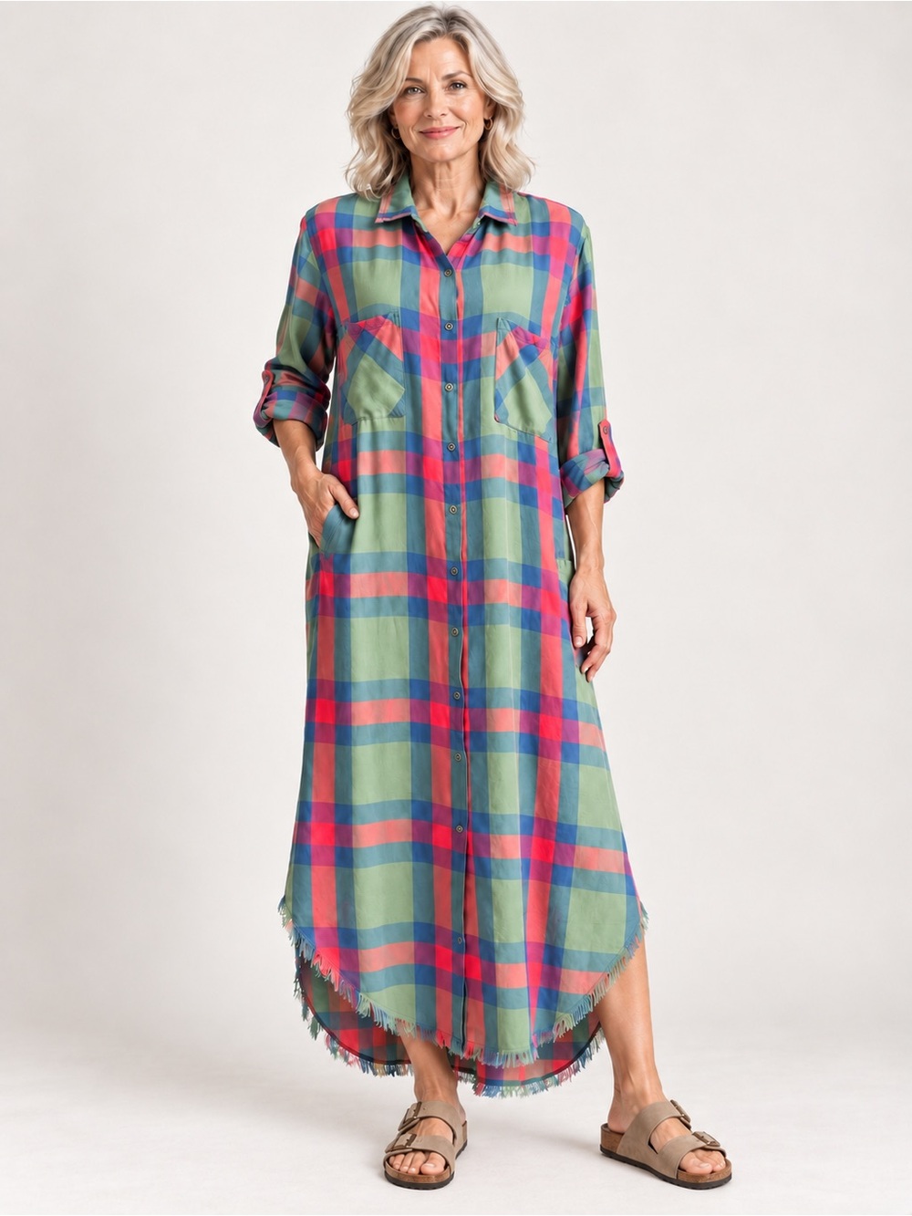 Billy T Plaid High-Low Frayed Hem Maxi Shirt Dress L